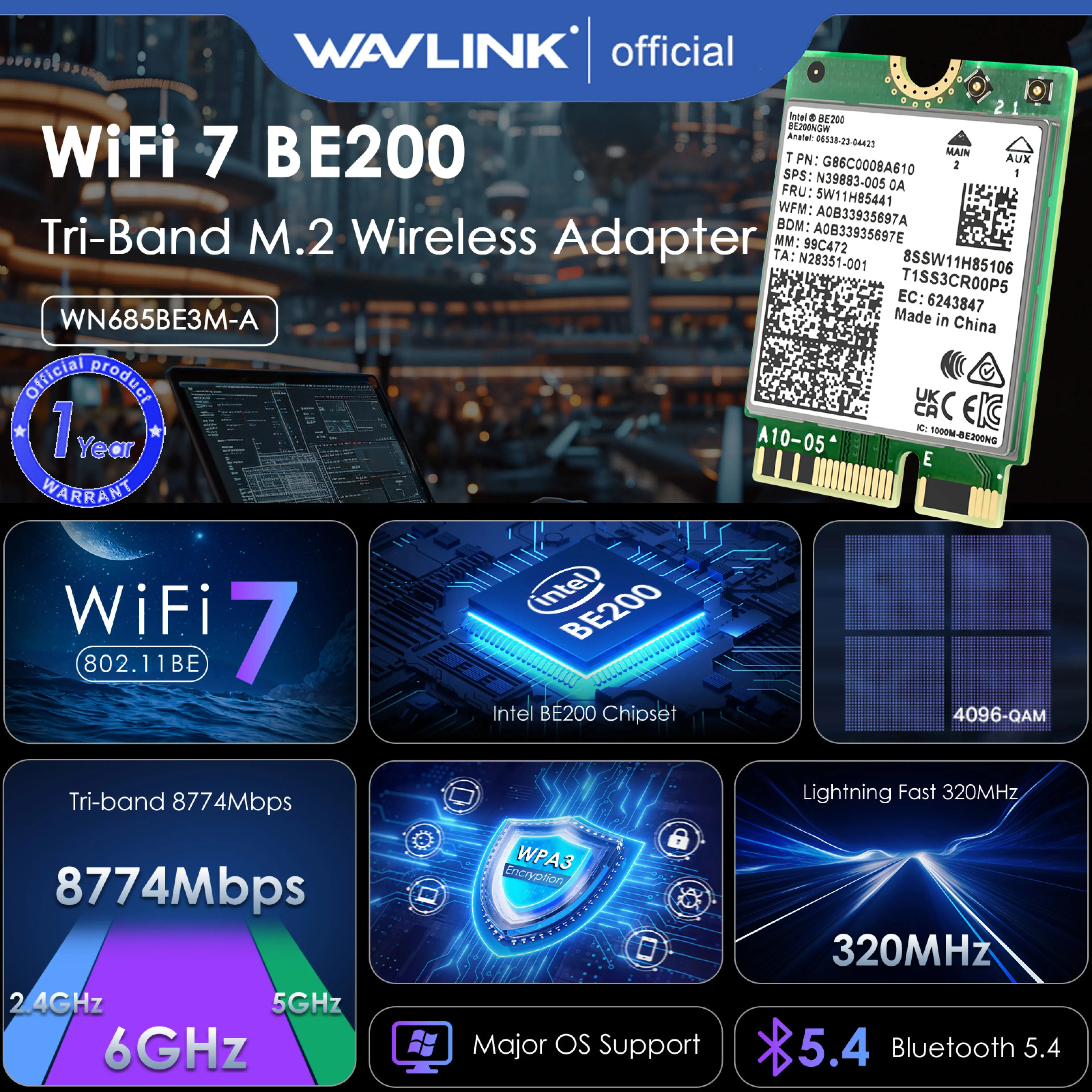WAVLINK WiFi 6E/7 Wireless Card, Intel AX210/BE200 Tri-Band 5400Mbps 2.4GHz/5GHz/6GHz Network Adapter with Bluetooth 5.3 for Laptop, Ultra-Low Latency, Support Windows 10/11 (64bit) M.2/NGFF