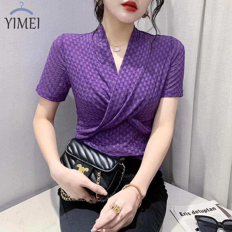 Yimei aunt áo màu tím cho nữ áo cổ chữ v quyến rũ tay ngắn mới mùa xuân 2023 áo thun lưới mỏng thời trang cho nữ