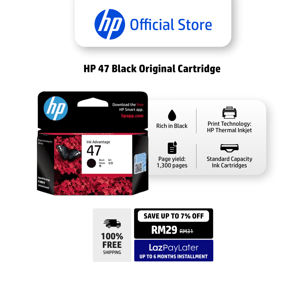 HP 47 Black Original Cartridge / Compatible to HP DeskJet Ink Advantage Ultra 4825/4826/4877, India: HP DeskJet Ink Advantage Ultra 4826, EMEA: HP DeskJet Ink Advantage Ultra 4828 Harga 28 Ringgit*Penghantaran Percuma