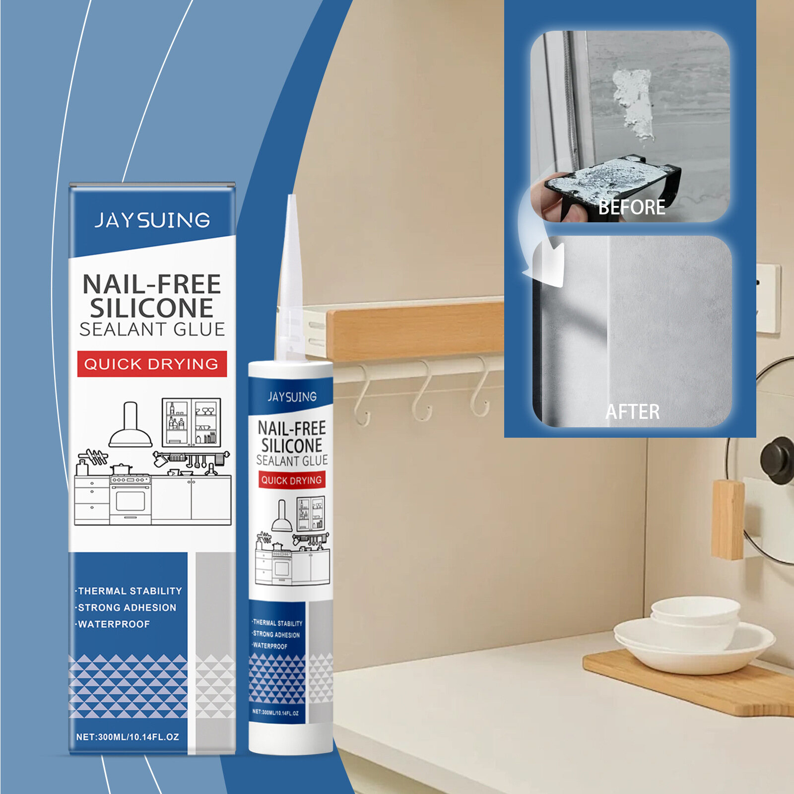 Jaysuing Nail-free silicone sealant Household wood cermet plastic household seal nail-free adhesive Multipurpose Silicone Sealant Waterproof Caulk Seal Mouldproof Fast Drying Adhesive Glass Glue For Bathroom Kitchen ราคา 232 บาท*ส่งฟรี