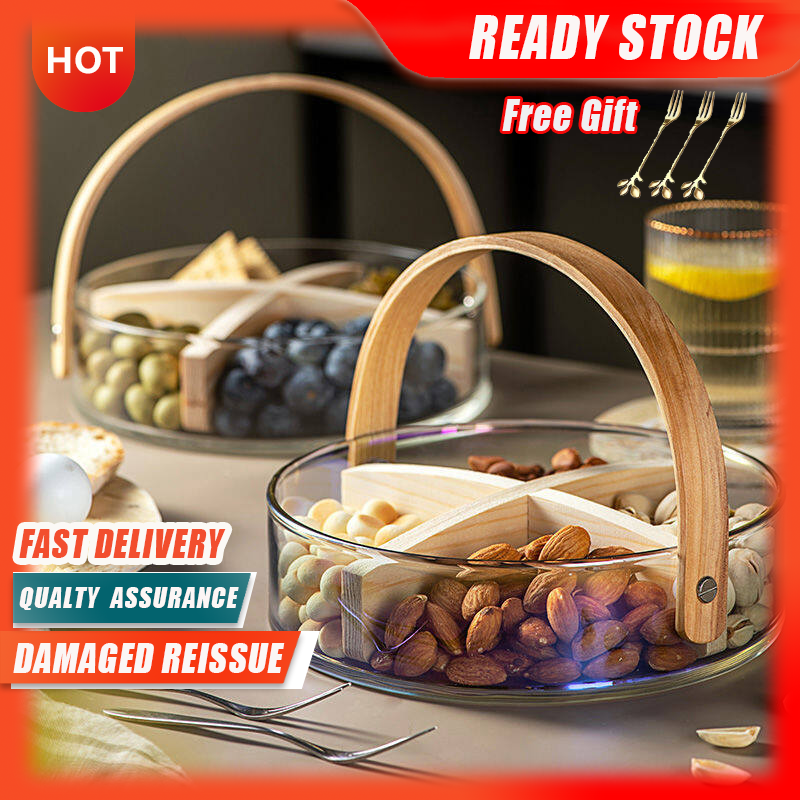 Gambar ??Ready Stock??Tea Art Divided Colorful Glass Snack Fruit Tray Tea And Candy Box Portable Basket Nordic Style Home Fruit Plate
