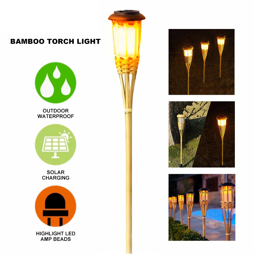 Vimite LED Bamboo Solar Garden Lights Outdoor Waterproof Flame Lamp Automatic Sensor Torch Floor Lamp for Fence House Pathway Decoration Lighting