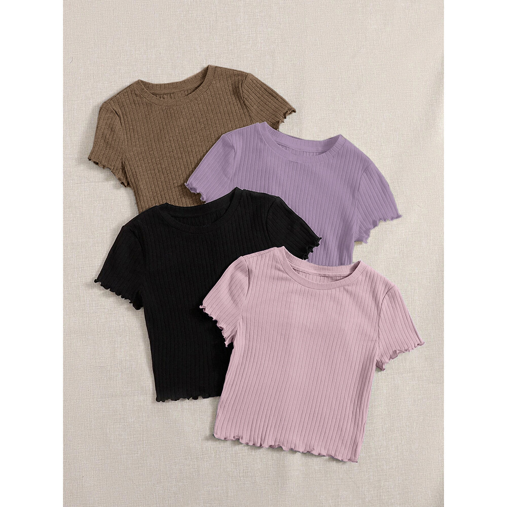 Closet Crush เสื้อยืดคอกลมแขนสั้น แต่งแขนเสื้อหยัก ผ้าร่อง ใส่ไปเที่ยว สีดำ สีกากี สีชมพู สีม่วง สีขาว ราคา 132 บาท*ส่งฟรี