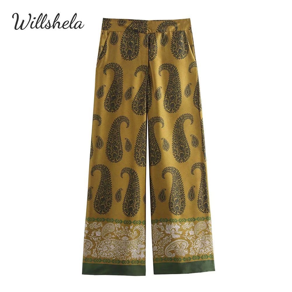 Willshela Women Fashion Satin Printed Pants Vintage Middle Waist Full Length Wide Leg Pant Female Chic Lady Trousers ราคา 542 บาท*ส่งฟรี