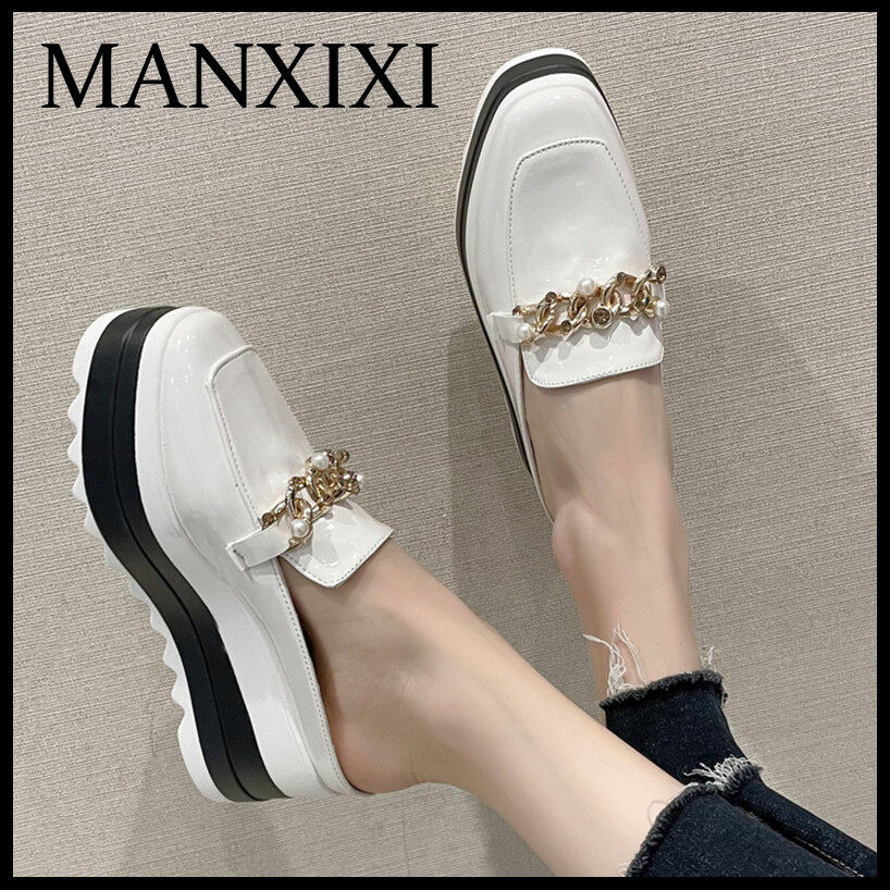 MANXIXI Fashion Women 2.75 Inches Wedge Heels Beautiful Pearls Gold Chain