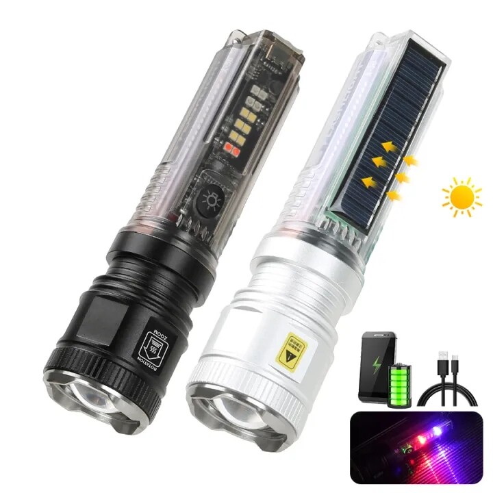 Ánh sáng mạnh Đèn pin zoom sạc năng lượng mặt trời ngoài trời màu đỏ và màu xanh đèn cảnh báo Mini tầm xa đèn pin