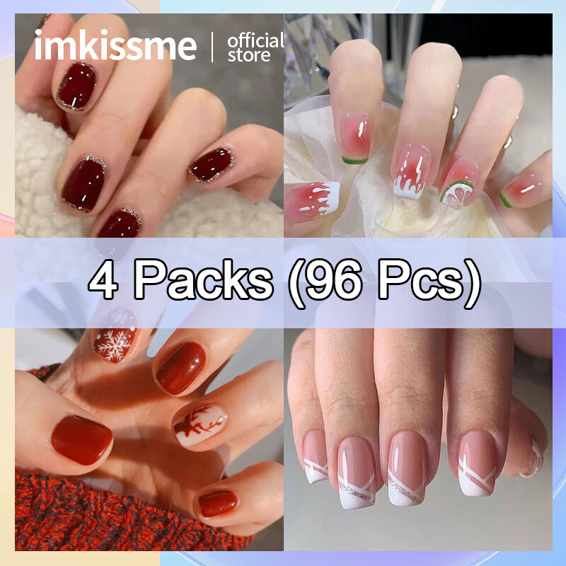 4 Packs 96 Pcsfake nails with glue Summer Fake Nail Set With Glue French