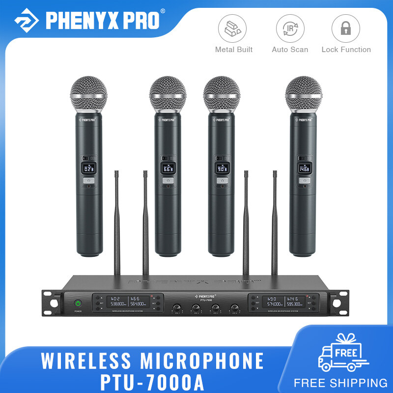 Phenyx Pro PTU-7000A Ｗireless Ｍicrophone System 4-Channels Professional Handheld Dynamic Microphones Auto Scan Selectable Frequency Metal 328FT for Stage Live Show Worship Wedding Singing Church ราคา 10,157 บาท*ส่งฟรี