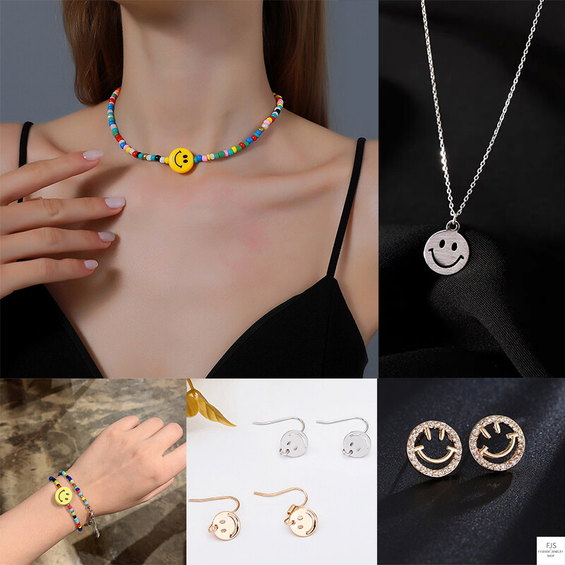 3 PC Emoji Smiley Faces Jewelry Set Fashion Necklace Bracelet Earrings Necklace 
