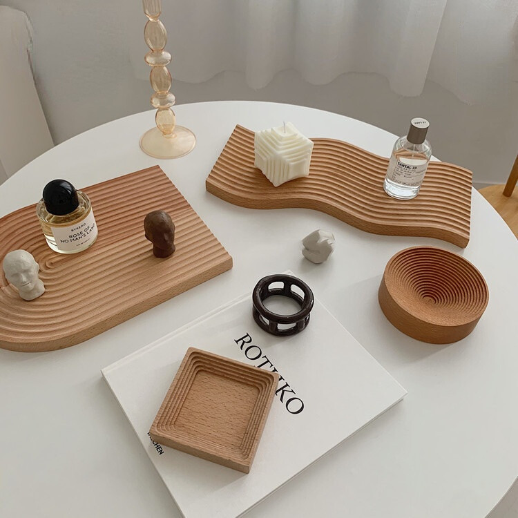 Gambar Nordic Water Ripple Aromatherapy Light Luxury Entrance Wooden Coffee Bread Tray Beech Food Photography Photo Props