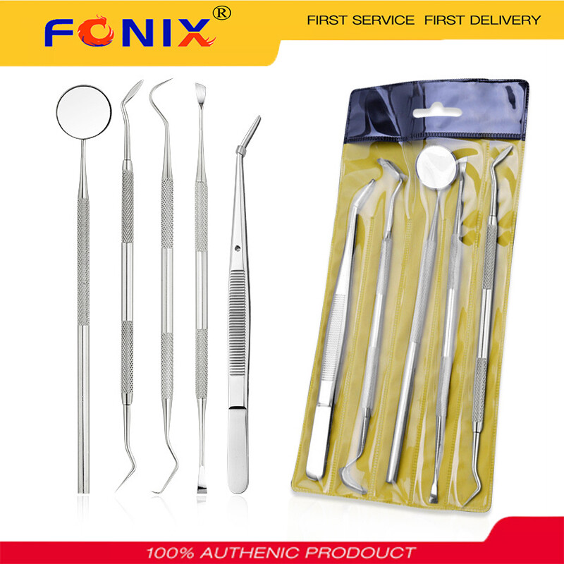 Gambar FONIX 5pc 3PC set Dental Mirror Stainless Steel Dental Dentist Prepared Tool Set Probe Tooth Care Kit Instrument Tweezer Hoe Sickle Scaler