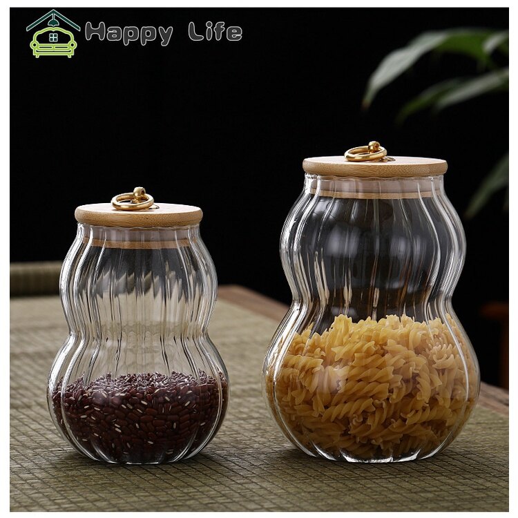 Vòng đồng mới lọ đựng đồ nhà bếp kín khí bằng thủy tinh borosilicate cao hũ đựng thực phẩm hộp đựng hạt trà cà phê hạt kẹo nắp gỗ