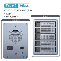 Yottamaster 5Bay  2.5/3.5 inch Raid HDD/SSD Enclosure USB3.1 (GEN2) Type-C 10Gbps Compatibility 80TB (Sing 16TB) Capacity Data Storage Box