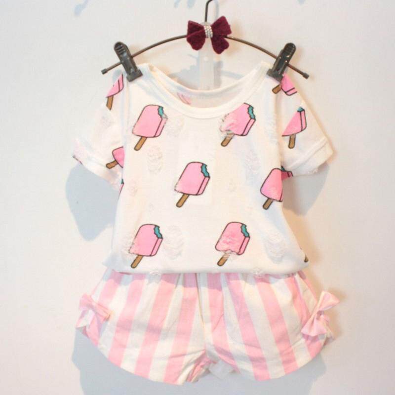 Toddler Baby Girls Summer Clothes T-Shirt Top and Striped Bow Shorts Set