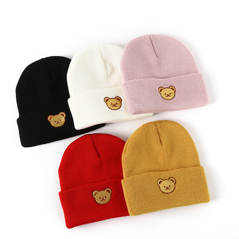 Cute Bear Embroidery Baby Cap Knitted Warm Kids Hats For Boys Girls Autumn