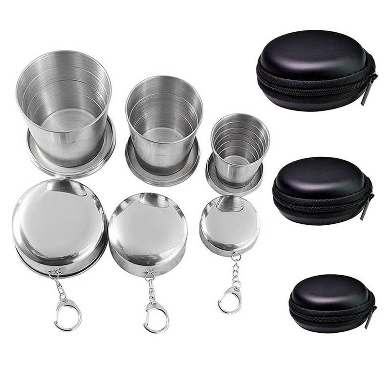 Gambar ?CW? StainlessFolding Cup With Keychain Camping Folding Cup Traveling Outdoor Collapsible Cup with LidDrinkware