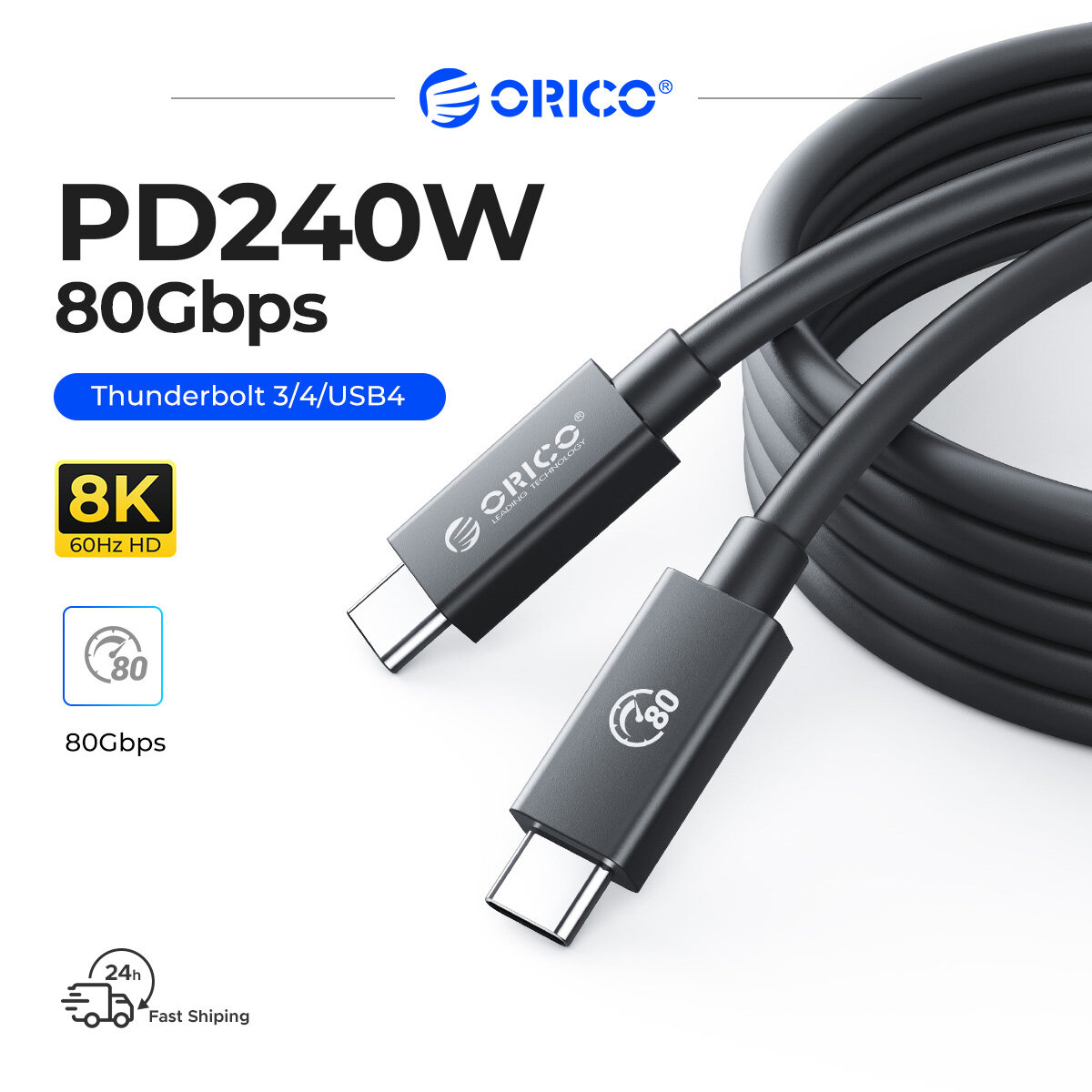 ORICO 80Gbps USB C Để Loại C cáp ngắn Xách Tay Cáp sạc nhanh Pd 240W 8K Tương Thích Với Thunderbolt 3/4 USB4/USB3.2/USB2.0