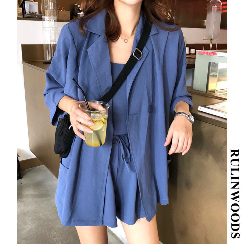 Rulinwoods 3pcs set quần áo bông nữ [blazer+tops+shorts}