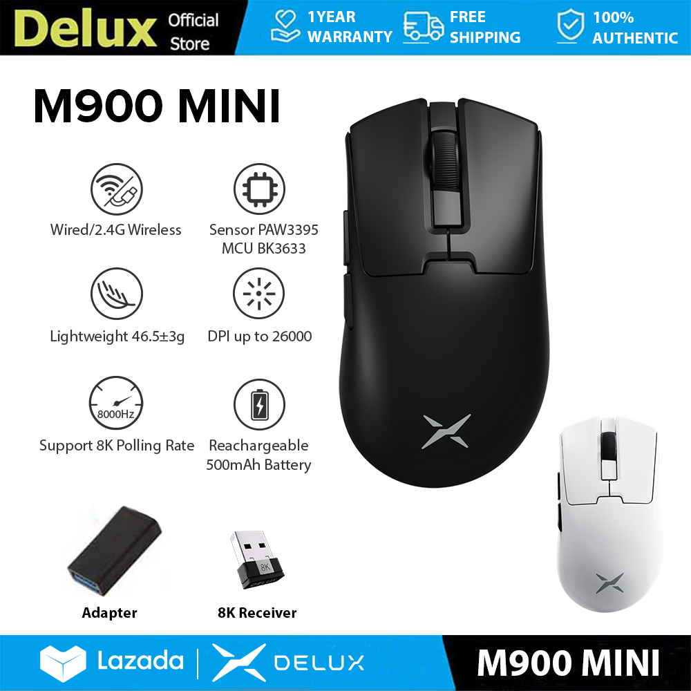 Delux M900 MINI Gaming Mouse PAW3395 8K Polling Rate 26000DPI Wired 2.4G Wireless Rechargeable Programmable 46.5g Lightweight for PC/Laptop/Windows/Mac