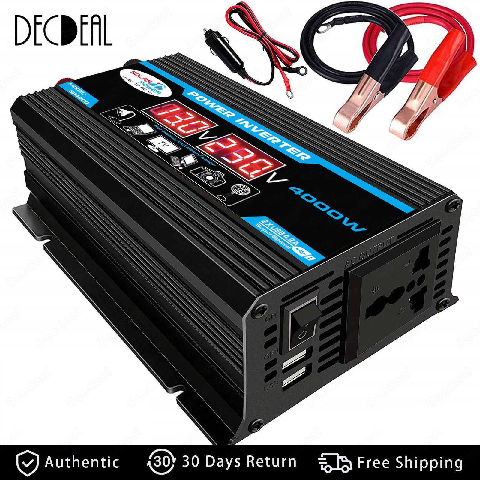Biến Tần Sóng Sin Biến Đổi Tần Số Cao 4000W Công Suất Cực Đại Bộ Chuyển Đổi Nguồn Điện DC 12V Sang AC 220V Bộ Sạc Điện Xe Hơi Biến Tần Với Cổng USB Kép 2.1A Pin Màn Hình Hiển Thị