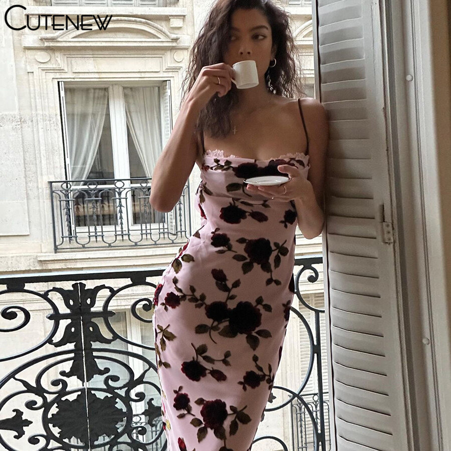 Cutenew Maxi Ôm Charming In Hoa Hồng Hở Lưng Gợi Cảm Áo Hai Dây Dáng Ôm Thanh Lịch Retro Váy Dây Đầm Ôm Sát
