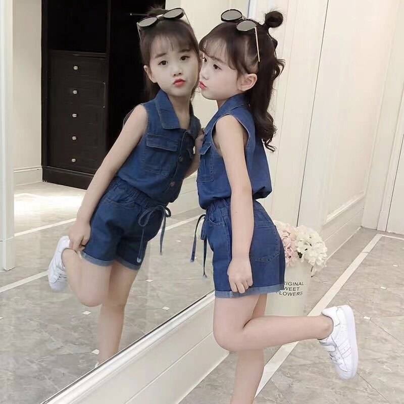 Bộ Đồ Denim Cho Trẻ Em Quần Áo Bé Gái Bộ 2 Món Áo Sơ Mi + Quần Bò Quần Áo Trẻ Em Cotton Cao Bồi Màu Trơn Bộ Đồ Thời Trang Bộ Đồ Hàn Quốc