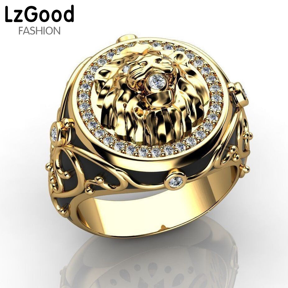  Đầy Đủ Rhinestone Zircon Nhẫn Sư tử Châu Âu Và Mỹ Punk Mạ 18K Vàng Engagement Ring Cho Nam Giới Và Phụ Nữ 