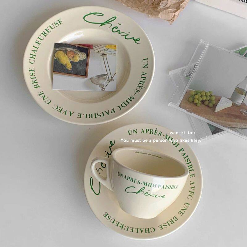 Gambar Korean Ins Style Coffee Cup and Saucer Set High value Breakfast Cup Mug Dessert Ceramic Tableware Fruit Plate