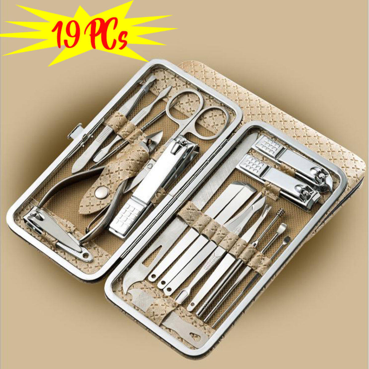 Gambar Plimmeron 19PCS Manicure Tool Set Kit Nail Trimmer Manicure Kits   Accessories Nail Clipper Clean Manicure Pedicure Set Tool Clearner Ear Cuticle Grooming Professional Stainless Steel Pedicure Grooming Kit with Leather Travel Case for Men and Women Gold