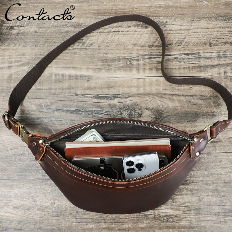CONTACT'S Men's Waist Bag Genuine Leather Waist Pack Travel Fanny Belt Bag Phone Pouch Luxury Handbag Male Crossbody Chest Bag ราคา 1,281 บาท*ส่งฟรี