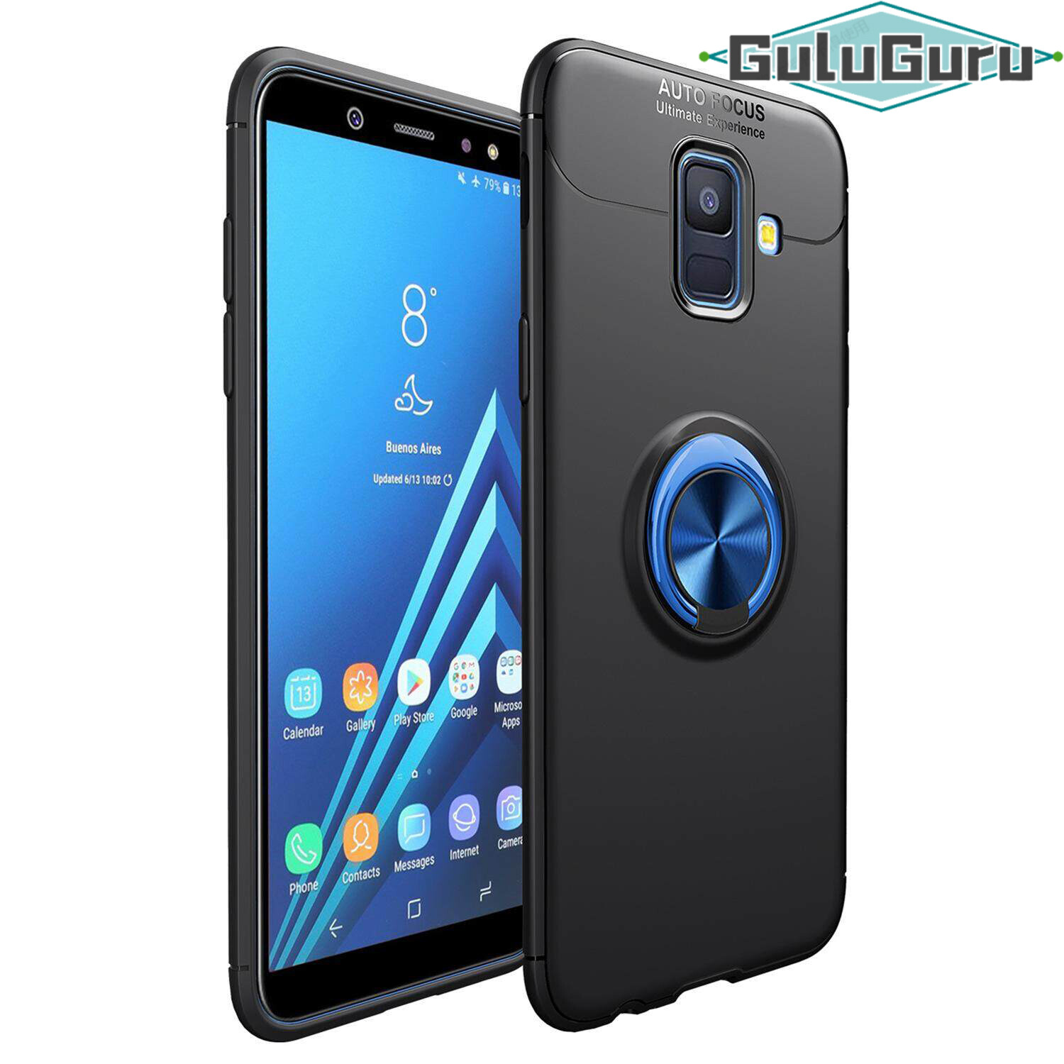 Cho Samsung A6 2018 trường hợp [đen kim loại móc Khóa Nhẫn] Ốp lưng TPU mềm trường hợp bìa, 360 độ xoay vòng nhẫn trong suốt chân đế giá đỡ xô, có thể làm việc với gắn trên xe hơi, chống sốc, tác động kháng