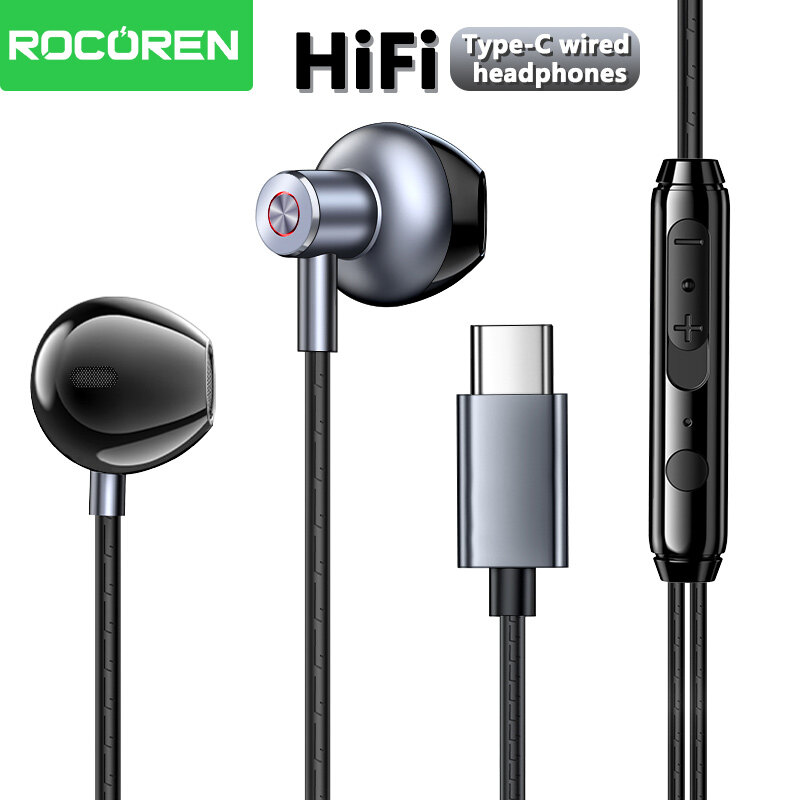  Rocoren Type-C bán trong tai tai nghe có dây âm thanh nổi trầm với HD microphone và điều khiển âm lượng cho điện thoại Android máy tính xách tay 