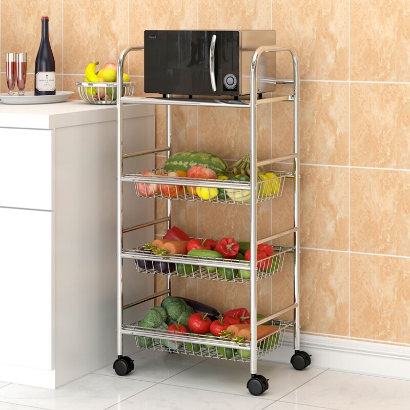 Gambar Kitchen vegetable shelf console multilayer microwave frame receive 304 stainless steel oven rack fruit basket