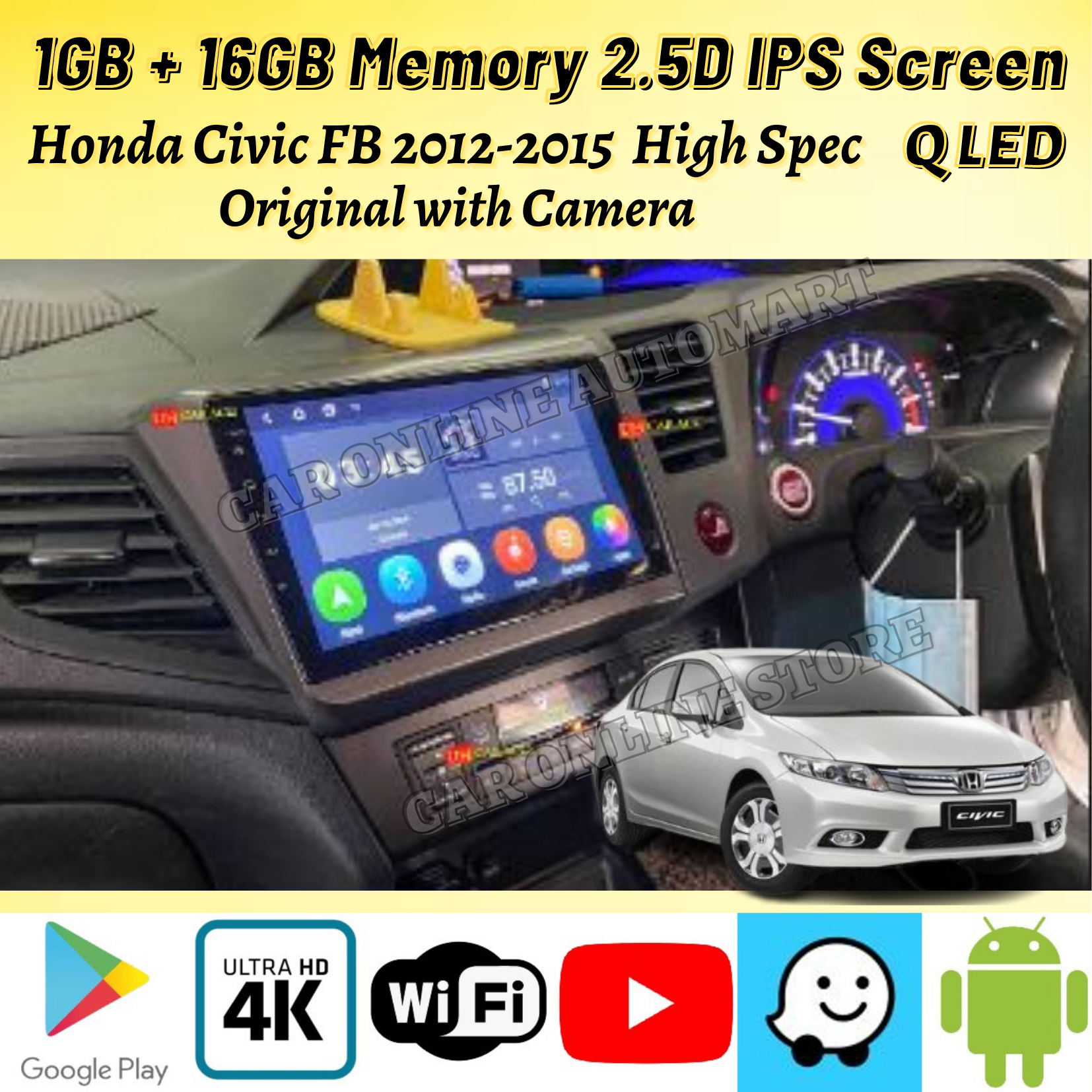 HONDA CIVIC FB 2012-2015 HIGH SPEC ~ MOHAWK T3L MS SERIES Q-LED 1GB+16GB 4K ANDROID PLAYER WITH CASING PLUG AND PLAY - Jenama mohawk Harga 538 Ringgit*Penghantaran Percuma