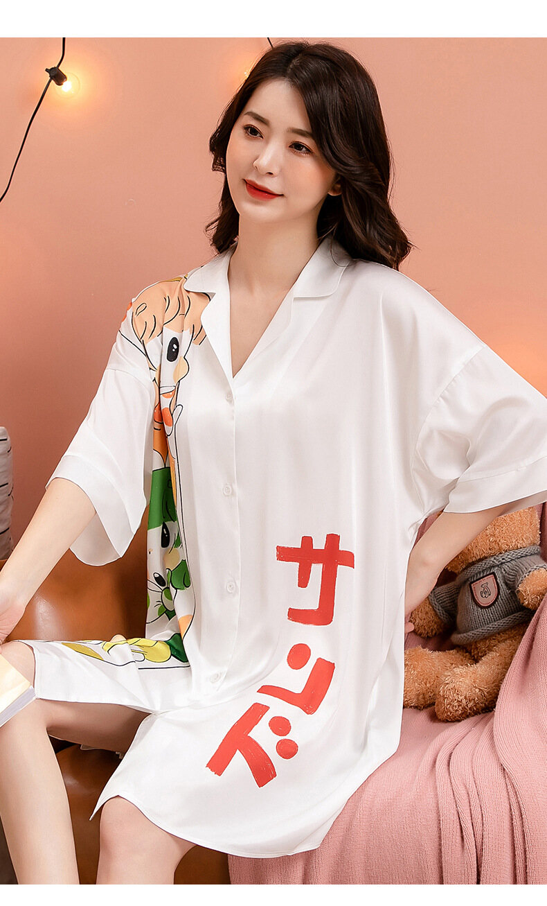 Váy ngủ nữ Cho Phụ Nữ, V-Cổ Cài Cúc Voan Phim Hoạt Hình Mùa Hè Mỏng Ngủ