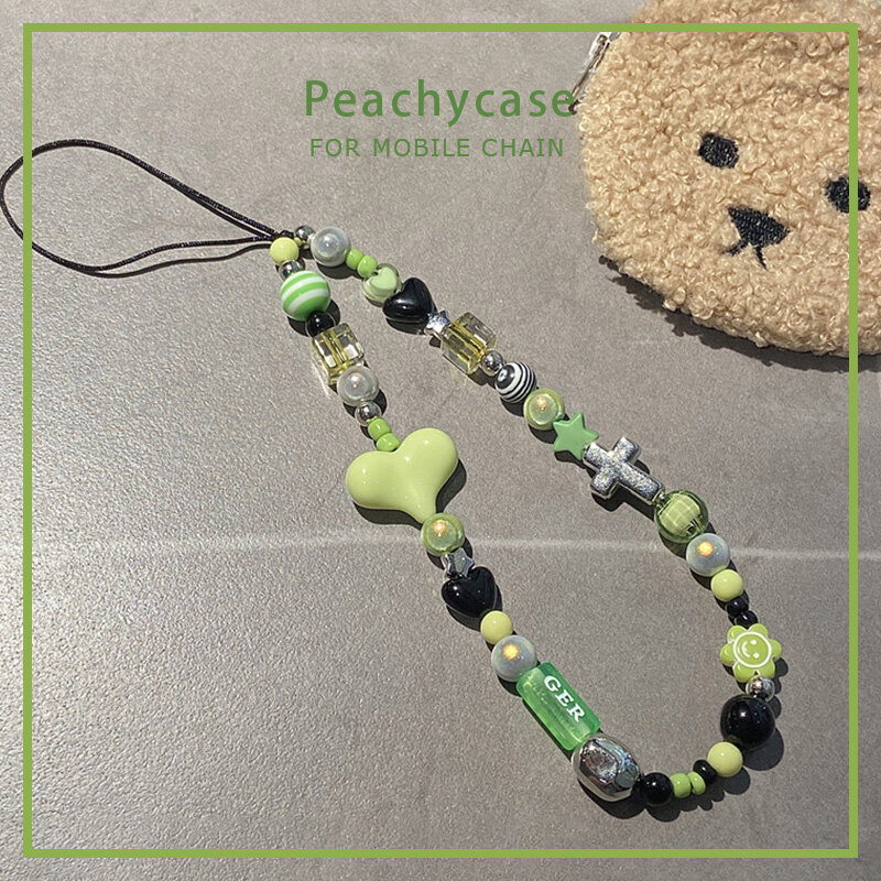 INS Green Heart Shaped Crucifix Flower Beaded Mobile Phone Lanyard Wrist Strap Handmade Polymer Clay Ceramic Bracelet Keychain Charm Chain String Hanging Cord