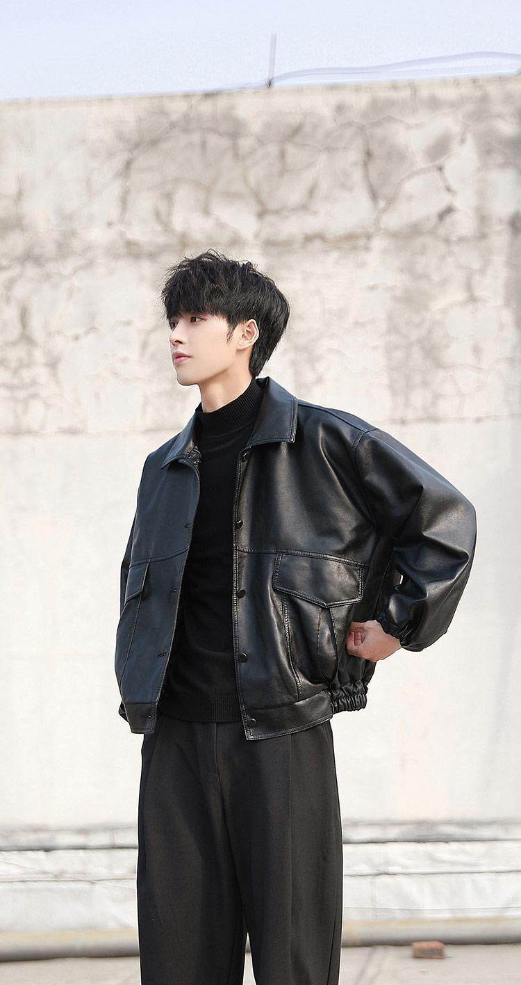 Korean style trendy loose leather coat mens thin motorcycle clothing young student pilot leather jacket spring and autumn coat trendy brand