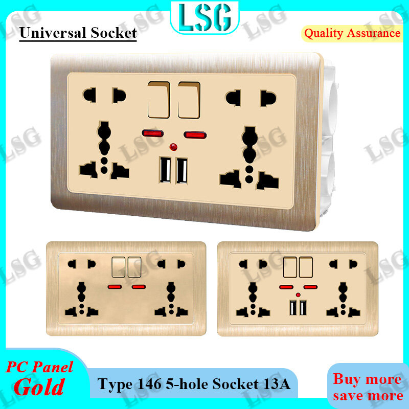 Ổ cắm ổ cắm trên tường với điều khiển công tắc, ổ cắm điện treo tường với cổng USB 2.1A sạc nhanh, ổ cắm ổ cắm cho tường với chuyển đổi, 146 loại đôi 5 lỗ ổ cắm Vàng sâm banh Bảng điều khiển PC 13A 250V, Ổ cắm ổ cắm phổ thông cho nhà điện điểm