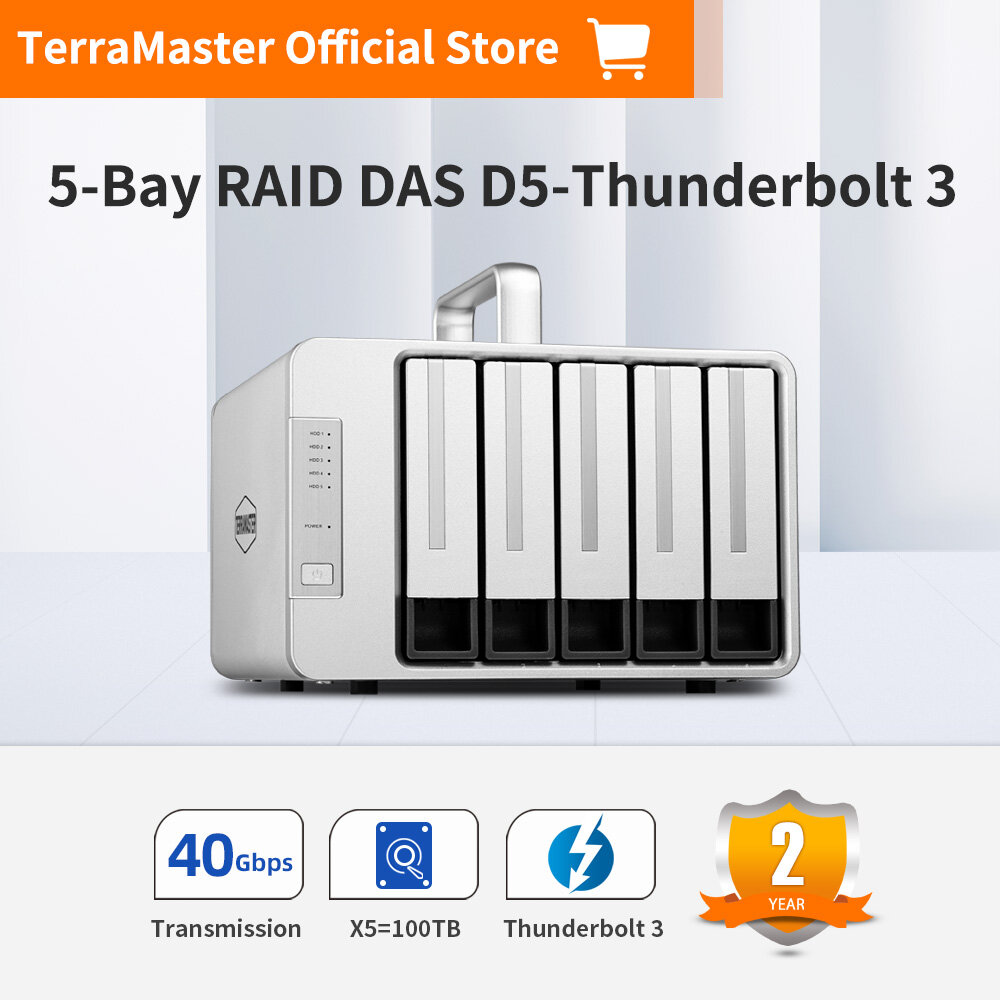 TerraMaster D5 Thunderbolt 3 Professional-Grade 5-Bay External Hard Drive Enclosure RAID 0/RAID1/RAID5/RAID10/JBOD Hard Disk RAID Storage (Diskless) ราคา 24,514 บาท*ส่งฟรี