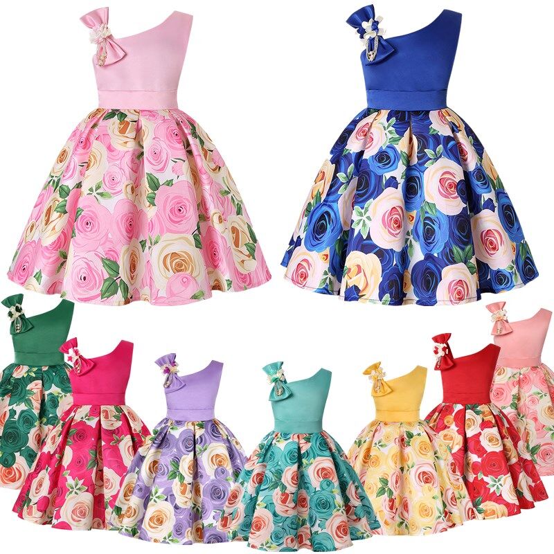 3-10 Yrs Girls Flower Dresses Vintage Printing Kids Prom Dress Children
