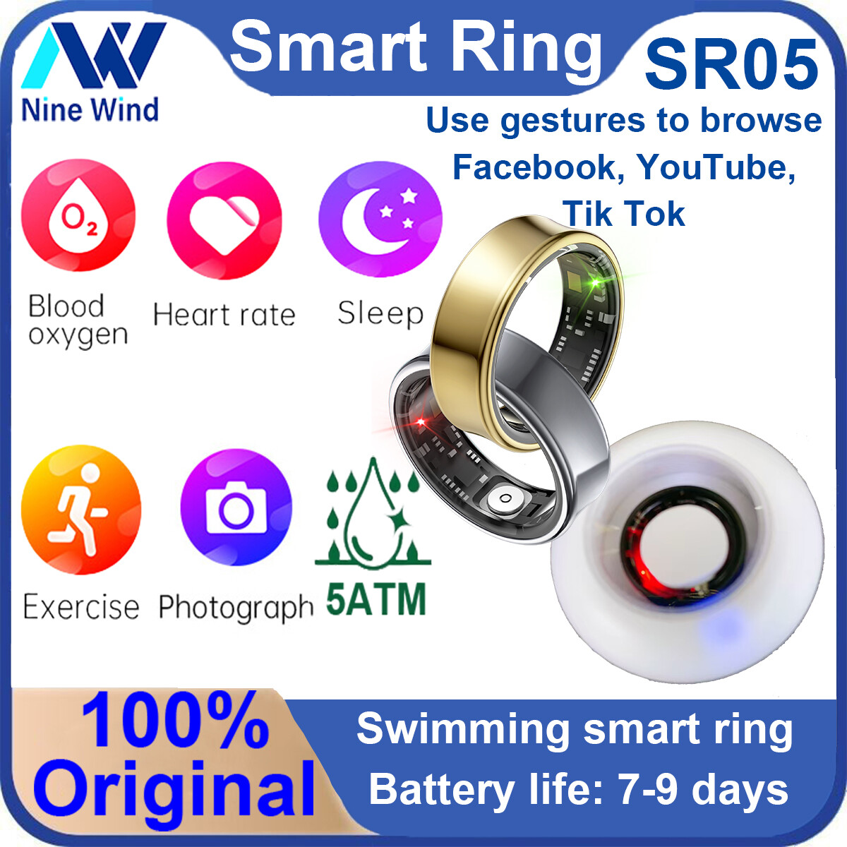 NineWind SR05 Smart Ring Heart Rate Sleep Blood Oxygen Monitoring Video for Android IOS Swimming Bluetooth Ring Environmentally Friendly Titanium Alloy Couple Ring For Men Women ราคา 1,870 บาท*ส่งฟรี