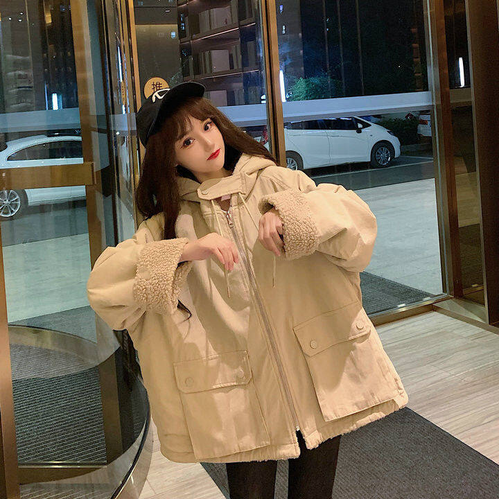 Thickened double-sided lamb wool coat for female ins students Korean style loose autumn and winter New Harajuku workwear cotton coat fashion