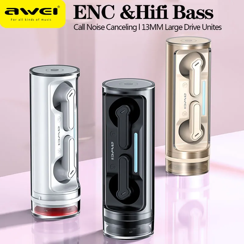 Awei T77 enc 4 mics Tai nghe bluetooth v5.3 Tai nghe không dây Bluetooth 13mm ổ đĩa lớn kết hợp dàn Hi-Fi trầm âm thanh Earbuds