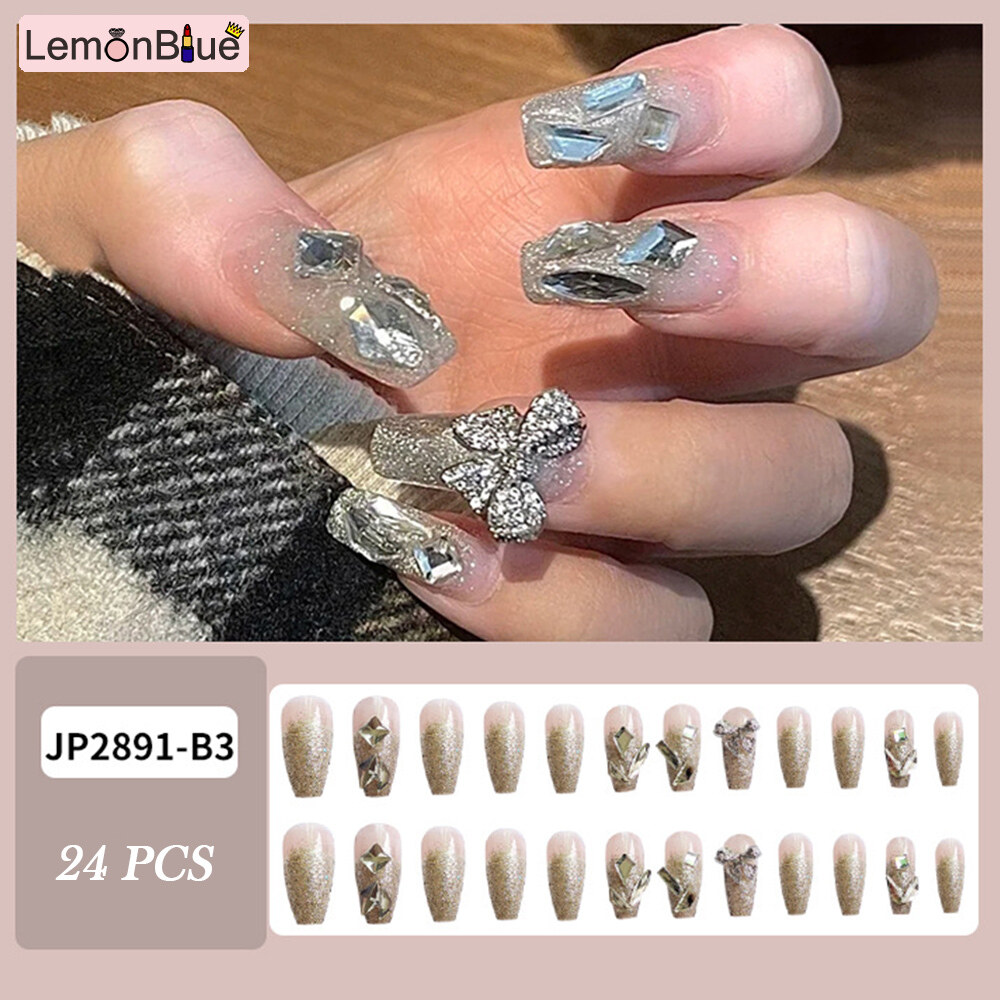 Gambar 24PCS False Nails Gold Foils Bow French Full Cover Fake Nails for Women Girls Artificial Nails Removable Save Time with Jelly Gel Glue Finished Nails Piece