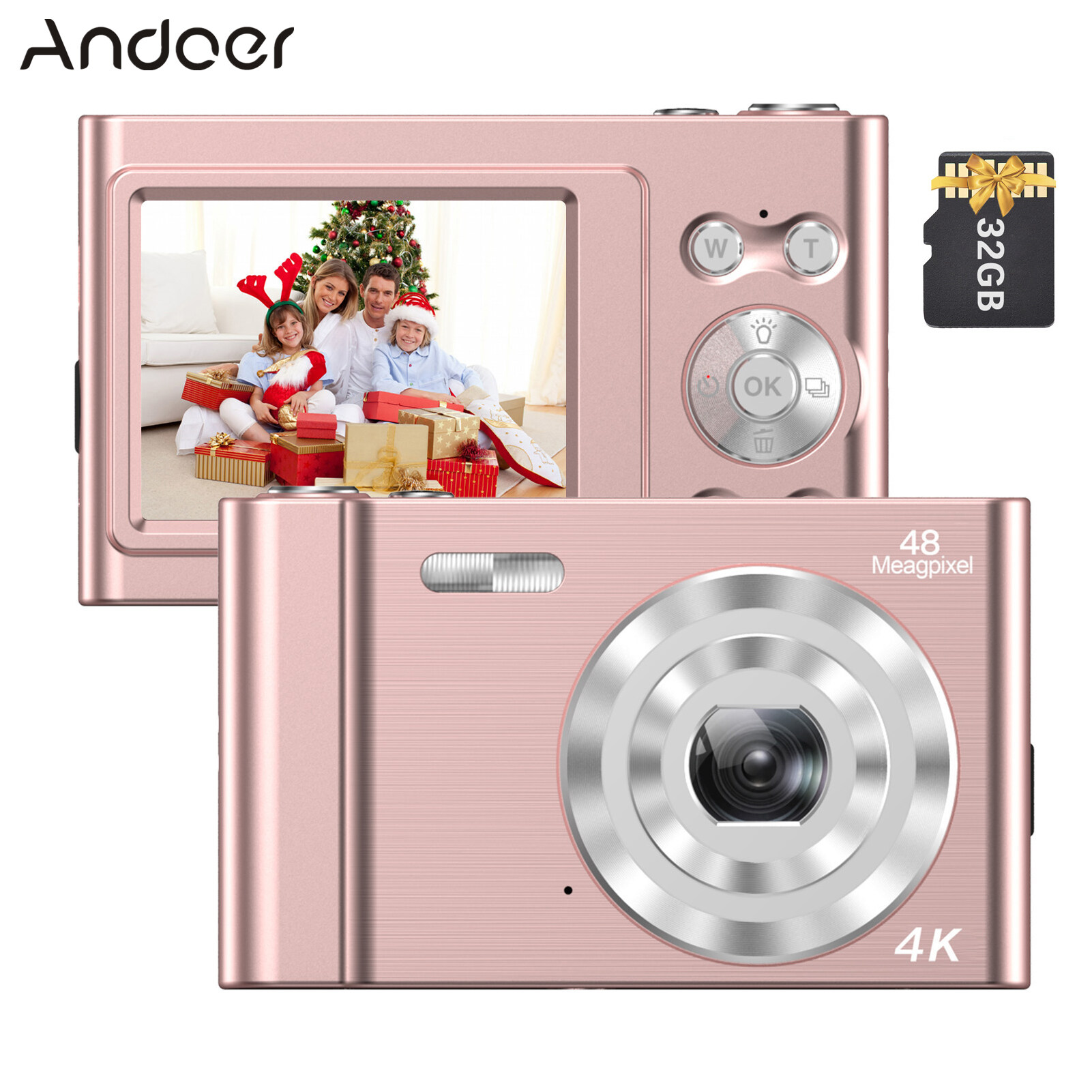 Andoer Máy Quay Video Kỹ Thuật Số 4K Màn Hình IPS 48MP 2.4 Inch Tự Động Lấy Nét Thu Phóng Kỹ Thuật Số 16X Chống Rung Phát Hiện Khuôn Mặt Chụp Nụ Cười Tích Hợp Đèn Flash & BT Kèm Thẻ Nhớ 32GB Quà Tặng Giáng Sinh Cho Trẻ Em Thanh Thiếu Niên