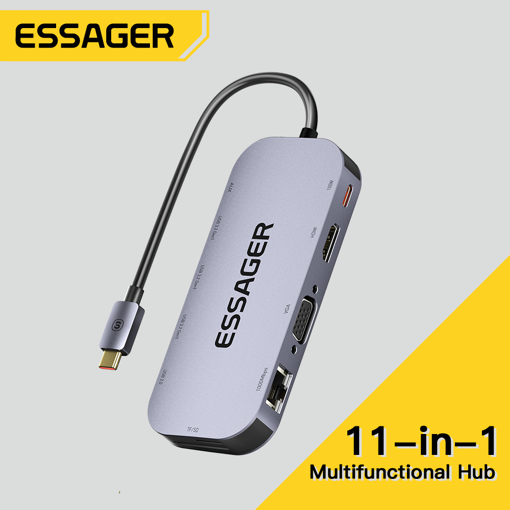 Essager Bộ Chuyển Đổi USB C HUB 11 Trong 1 Đầu Đọc Thẻ Type C Sang HDMI VGA RJ45 Bộ Chuyển Đổi PD 10