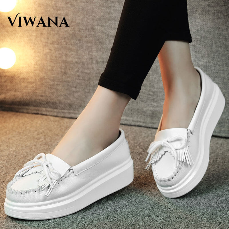 VIWANA Wedges Shoes For Women Comfort Genuine Leather Casual White Shoes