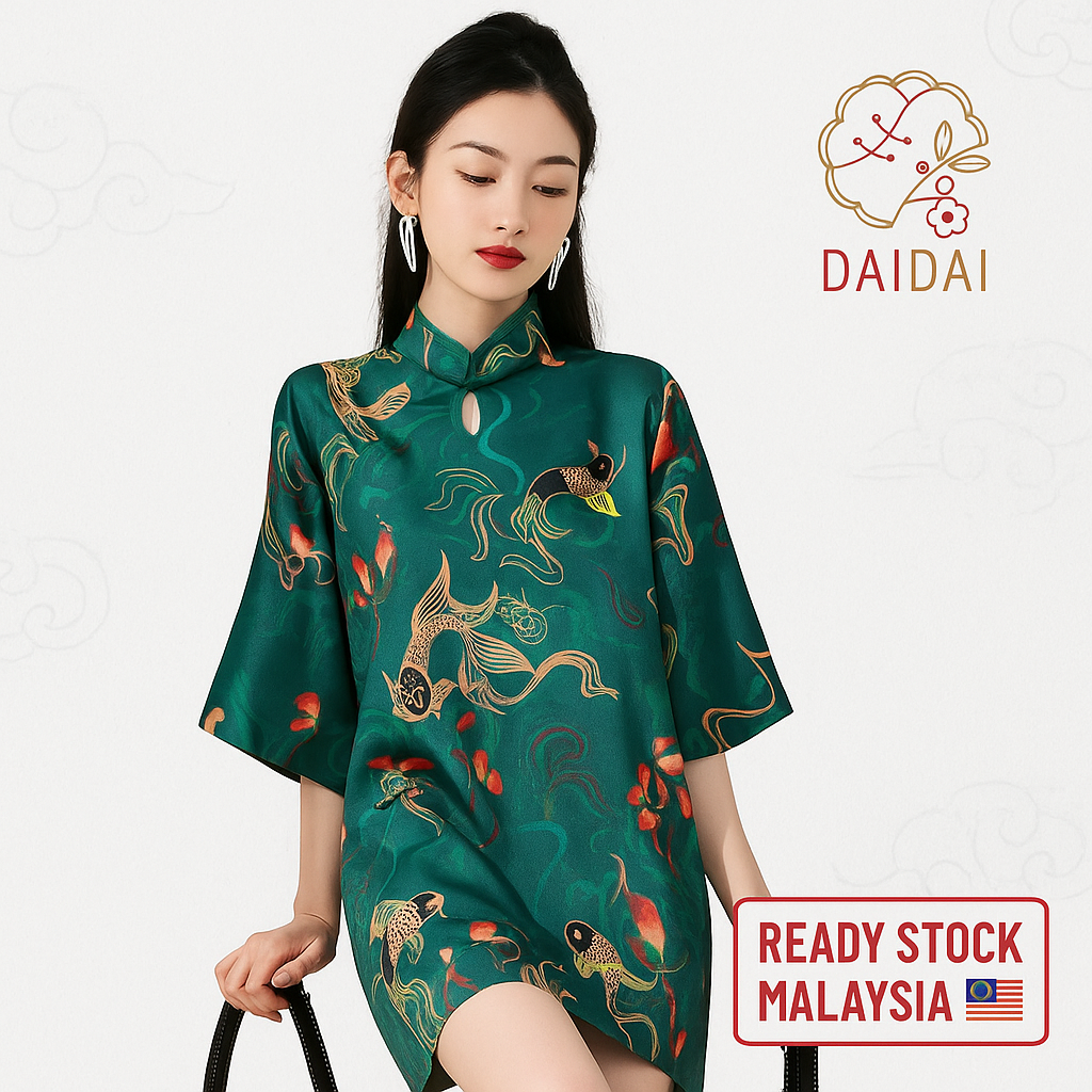daidai (Ready Stock) Women Loose Cheongsam Style Long Tops CNY 年轻款少女中国风宽松大改良版短袖长版上衣