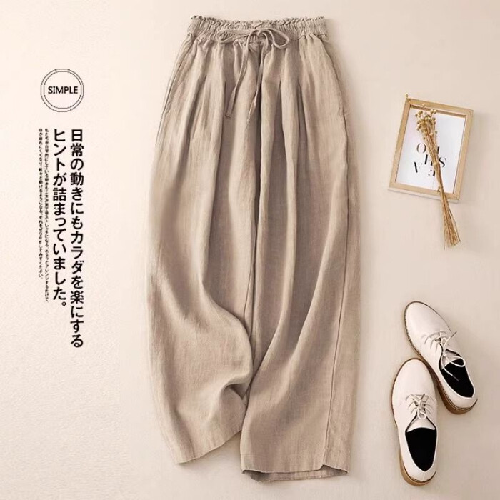LUCKIN STORE Pant for women Women's Cotton Linen Wide Leg Pants 2025 New Style Elasticated waist High Waist Drop Feel Casual Loose Thin Cotton Straight Leg Pants