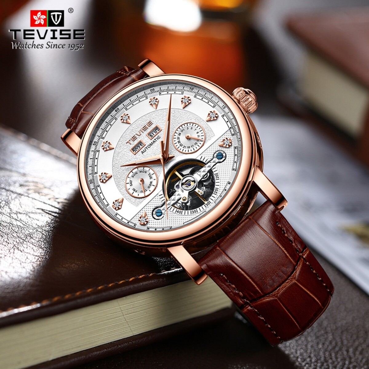  TEVISE Multifunctional Tourbillon Fully Automatic Mechanical Watch Men's Business Genuine Leather Watch T867C 